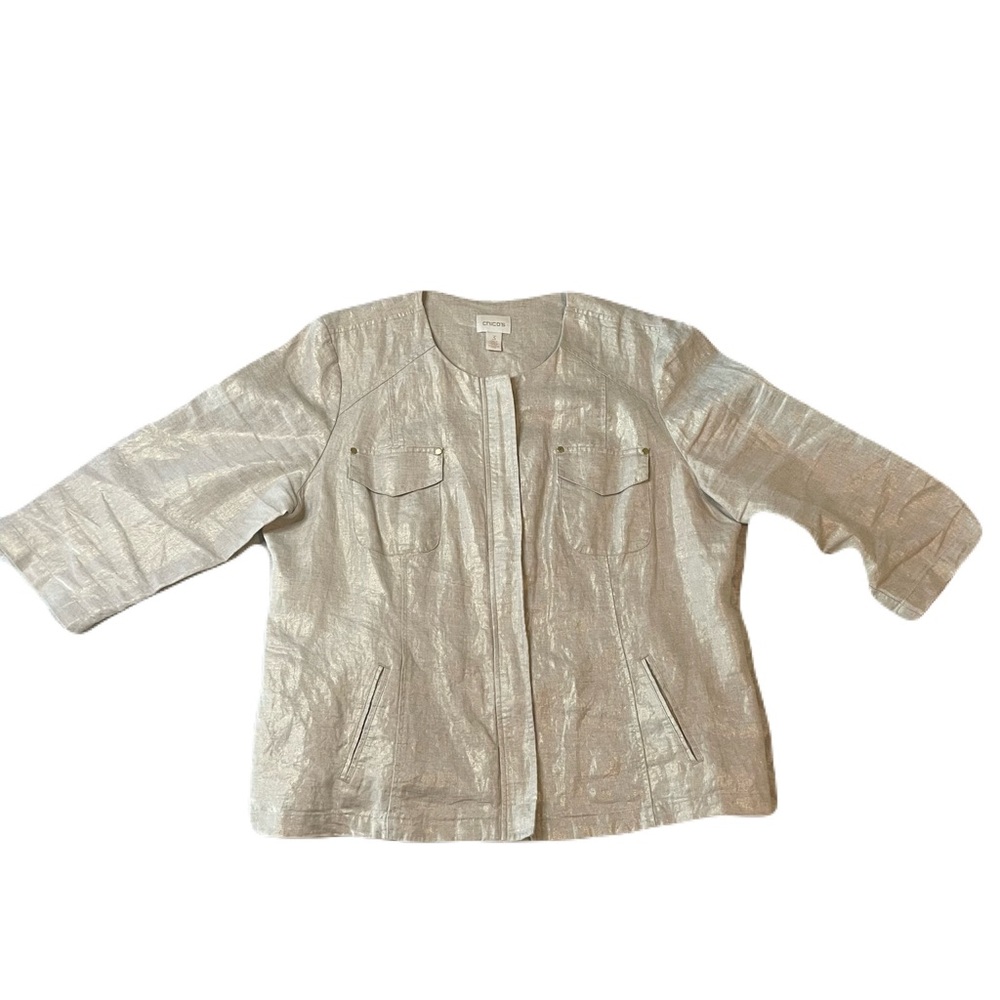 Chico’s Linen Metallic Gold Zip Up Front Jacket Size 3 / XL / 16 - Picture 3 of 16